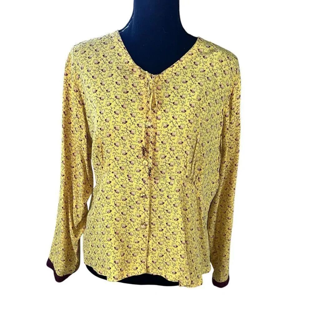 April Cornell M Blouse Yellow Floral Button Up Tie Neck Long Sleeve romantic top